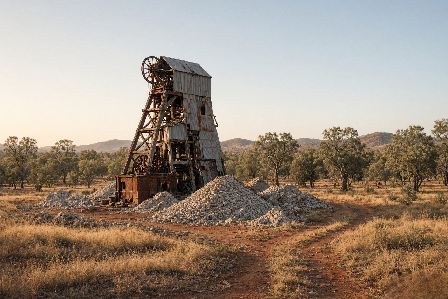 A historic timber and corrugated-iron poppet head standing over quartz mullock heaps in the Central Victorian goldfields