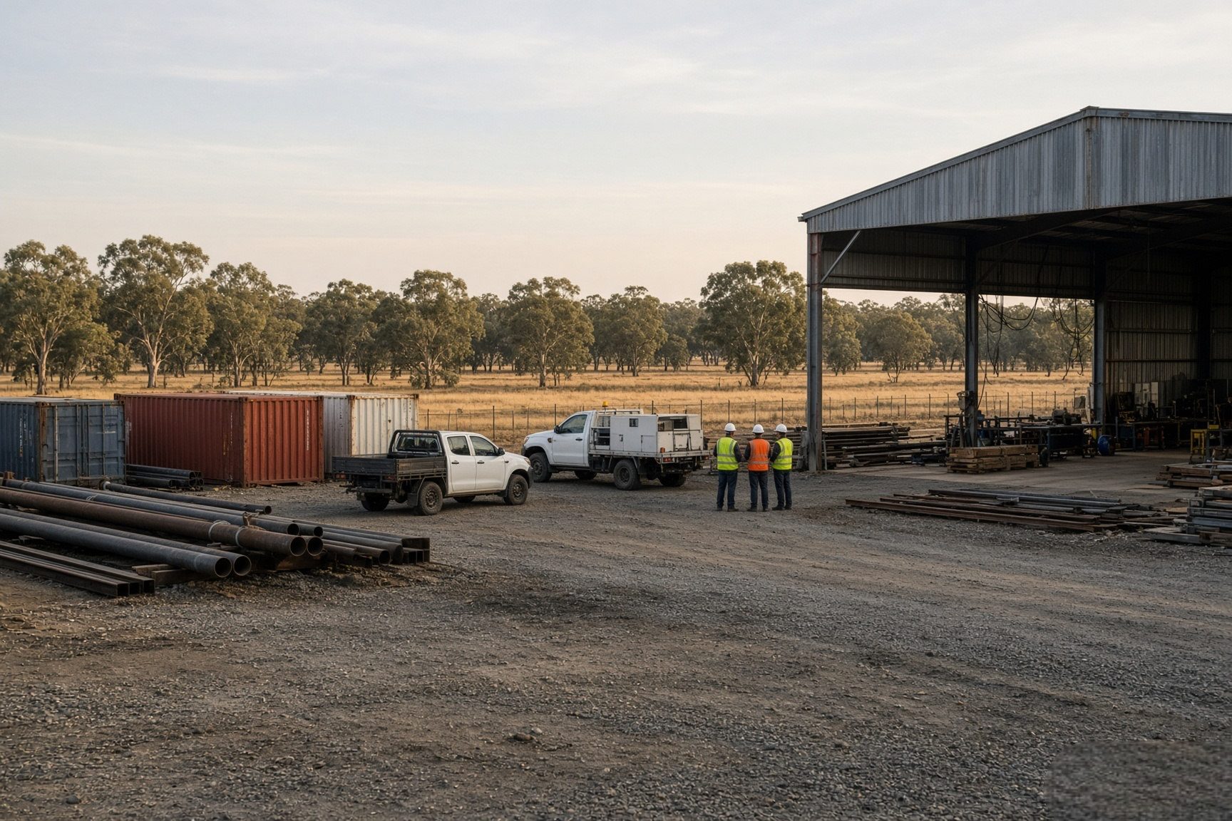 Workers in high-visibility clothing at a rural mine site workshop and laydown yard at dawn